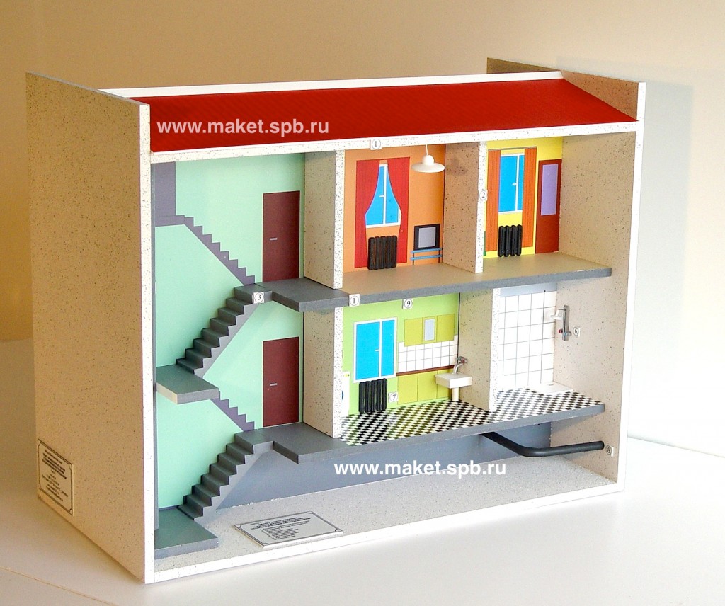 Разрезные макеты жилого и промышленного здания с узлами жизнеобеспечения и технологическим оборудованием